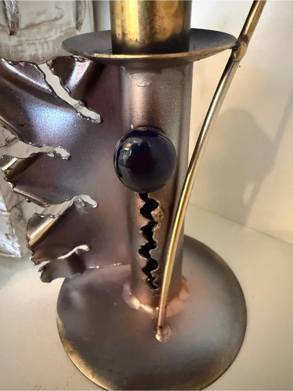 Vintage Brutalist Metal Candlestick Holders Pair Leaf Cobalt Glass MCM Decor
